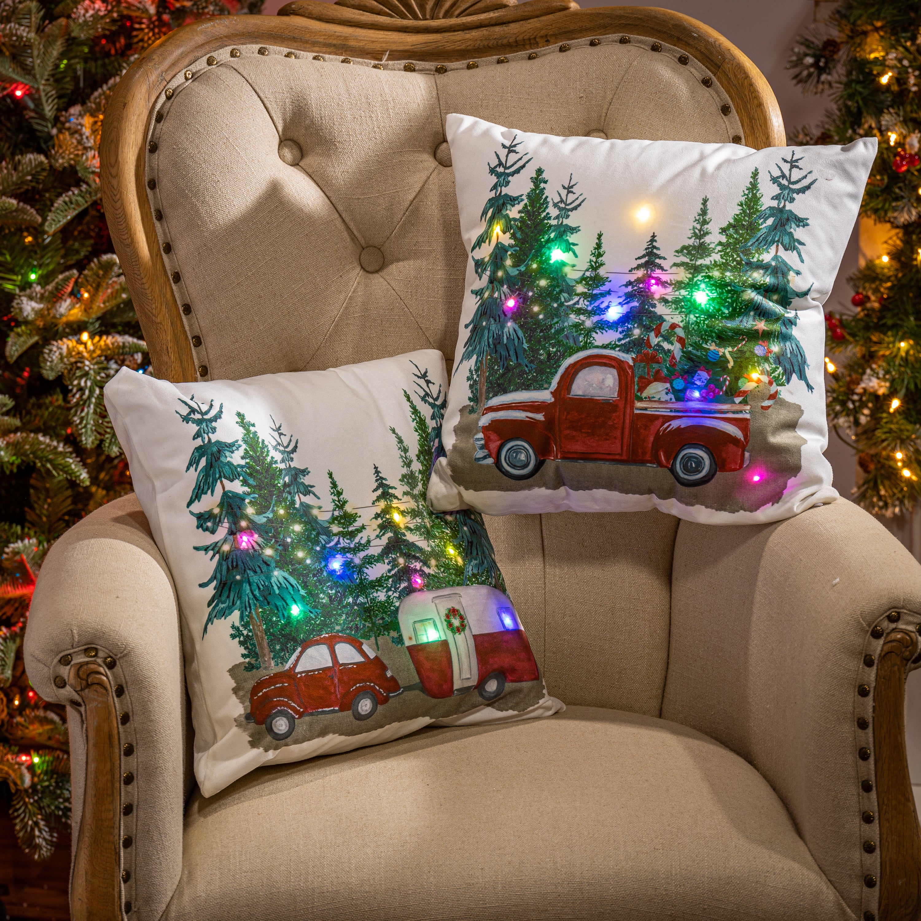 Set of 2 Lighted Christmas Holiday Throw Pillows with Timer